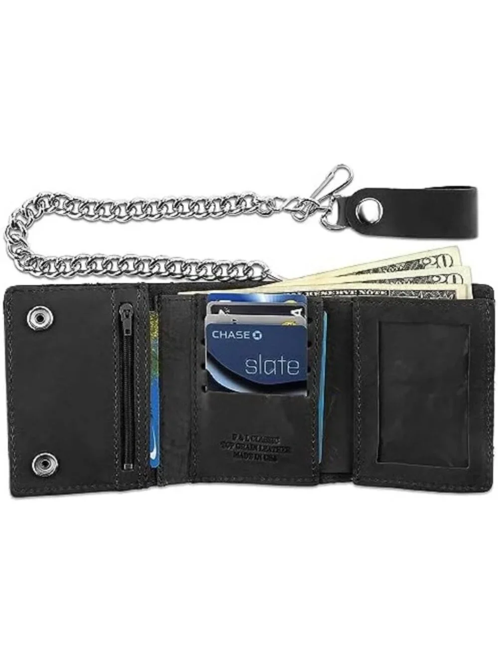 Vintage Biker Tri-fold Leather Wallet with RFID Blocking & Steel Chain, USA Made